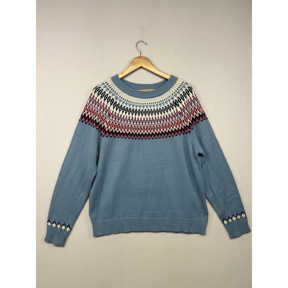 Nordic Cabincore Erika Women PL Blue Fair Isle Yoke Knit Crewneck Sweater